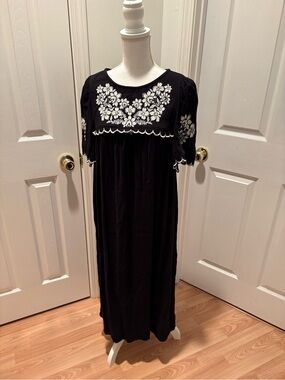 Old Navy Black Maxi Dress with White Floral Embroidery